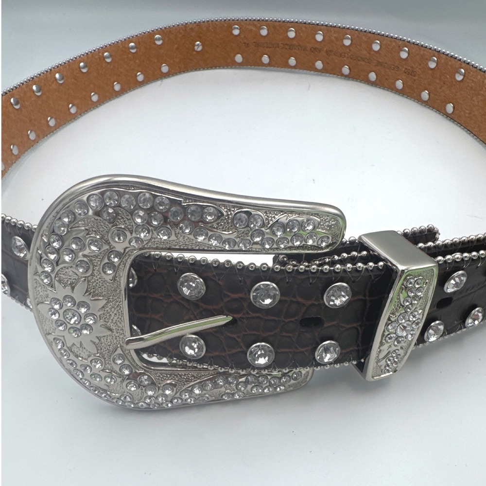 Western Belt Womens XL Brown Leather Croc‎ Rhinestone Medallion Cowgirl Rodeo